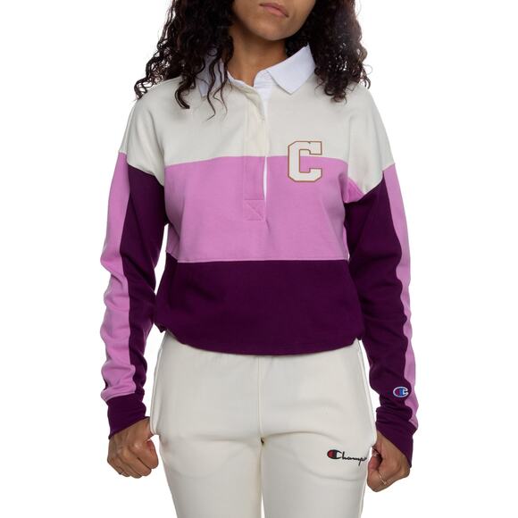 NEW Champion Rugby Cropped Collared Tee Women’s Small Beige Orchid Logo - Picture 1 of 11
